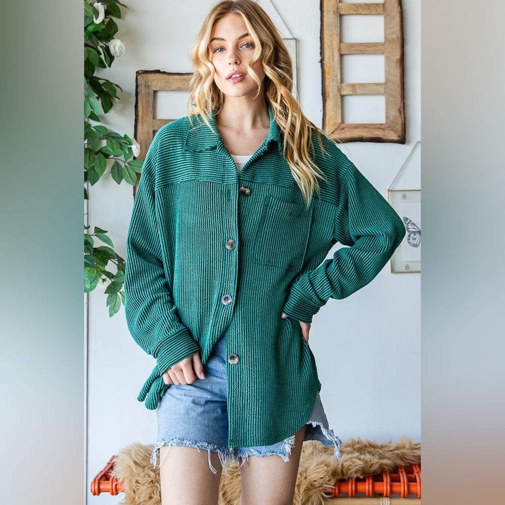 Reborn J Striped Button Up Long Sleeve Shacket